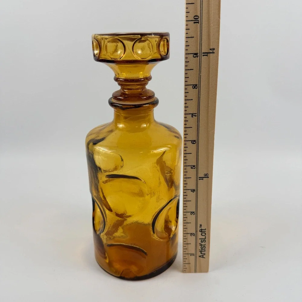 Vintage Empoli Amber Embossed Circle Glass Decanter Original Stopper Italy